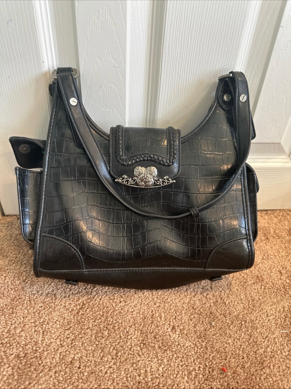 Leslie Fay Black Croc-Embossed Shoulder Bag with Silver Accent